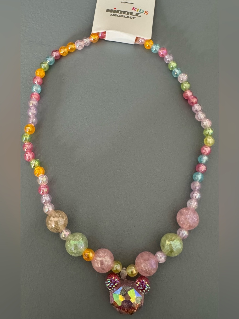 Nicole Pink Multicolor Beaded Teddy Pendant Necklace stretch